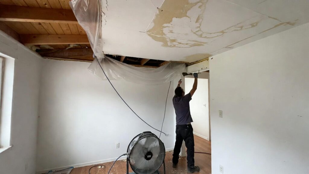 Ceiling drying equipment after roof leak