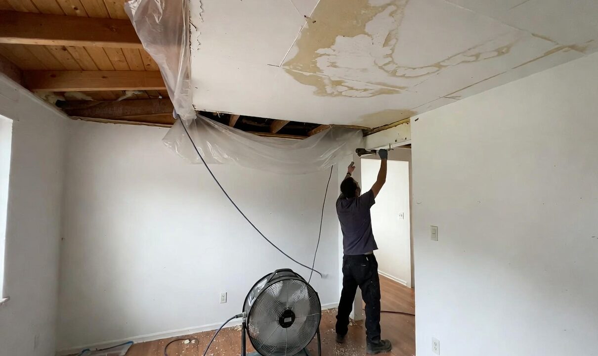 Ceiling drying equipment after roof leak