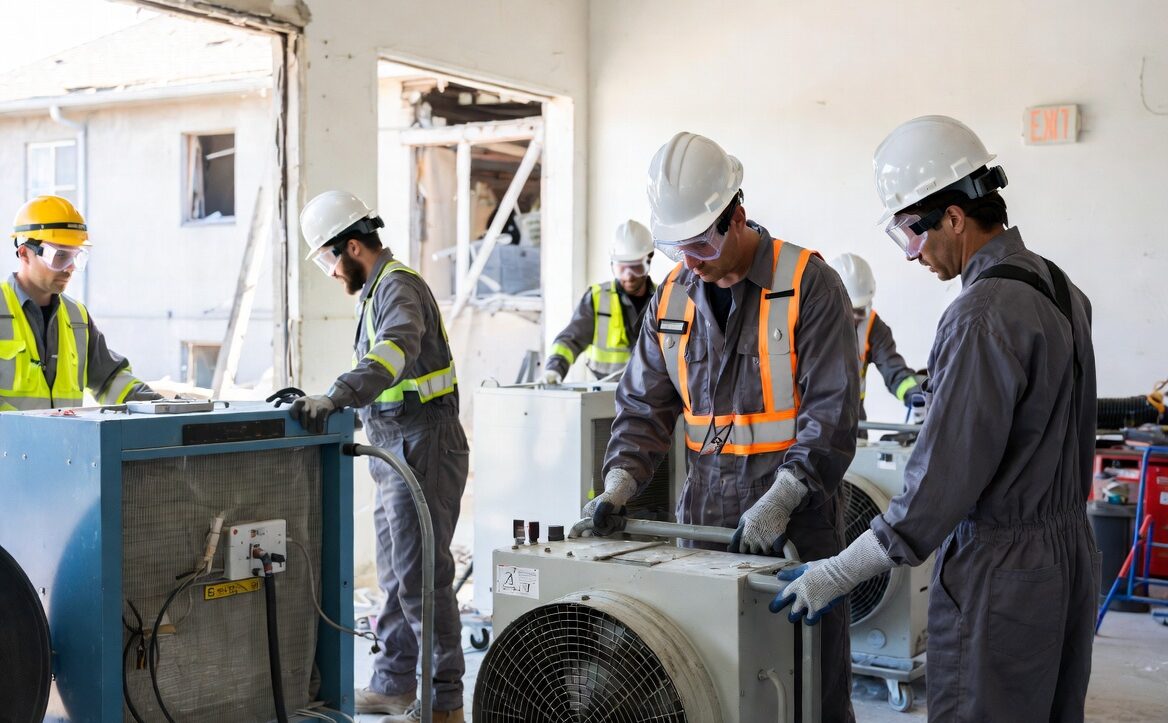 Storm damage restoration team using professional drying equipment