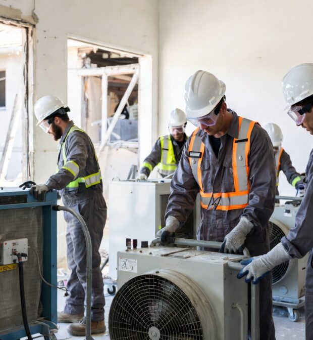 Storm damage restoration team using professional drying equipment