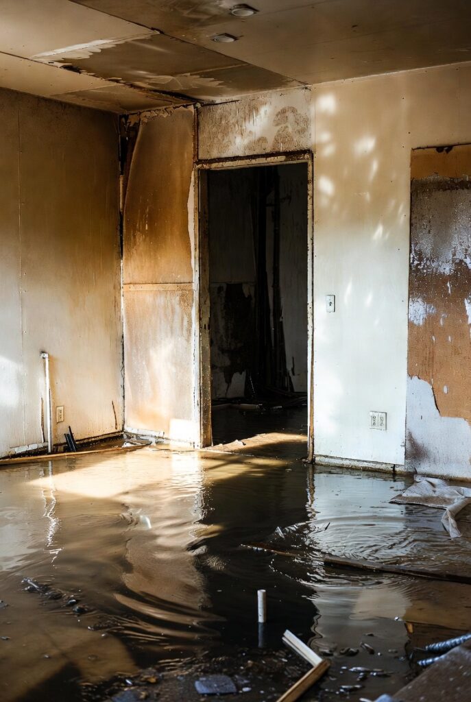 Burst pipe causing indoor water damage requiring emergency water damage restoration services