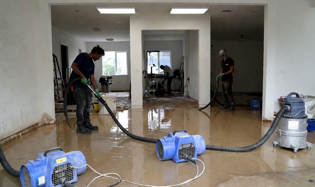 Professional flood damage cleanup services removing flood water and drying a damaged property