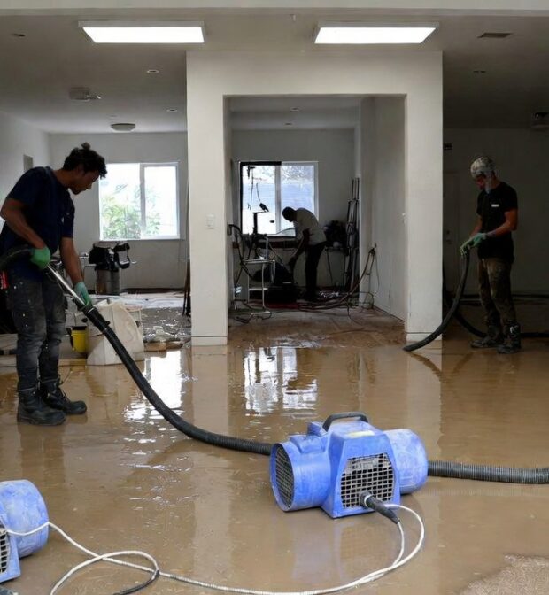 Professional flood damage cleanup services removing flood water and drying a damaged property
